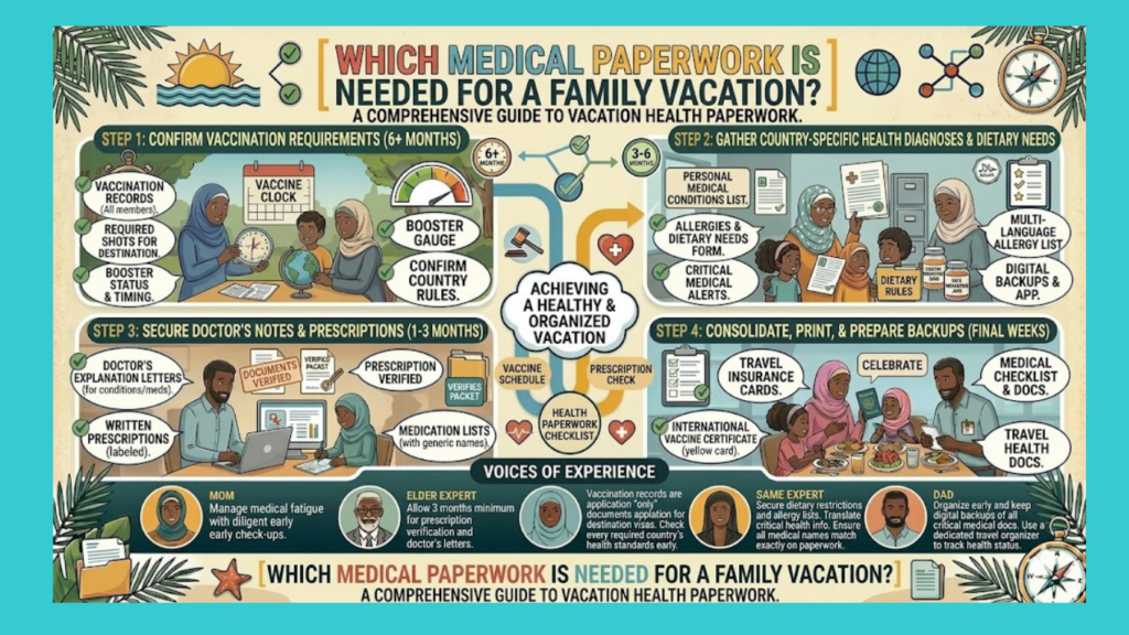 Which medical paperwork is needed for a family vacation?
