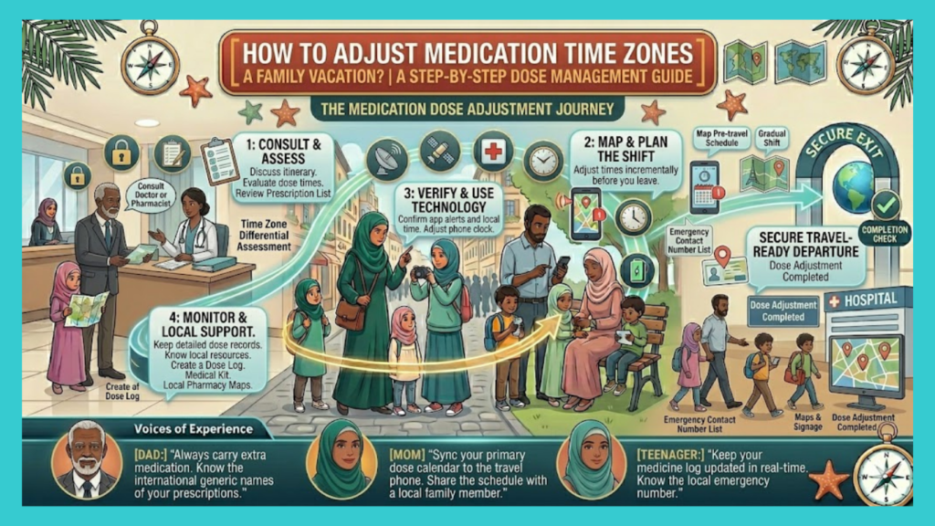 How to adjust medication time zones on a family vacation?