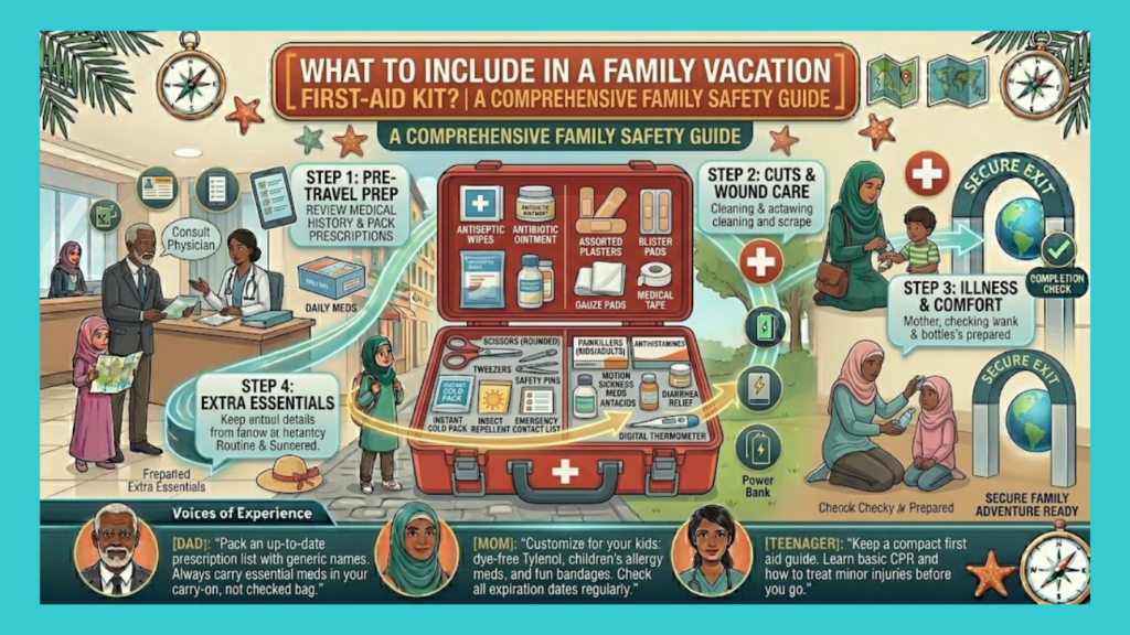 A family vacation first-aid kit is essential for travel safety. Learn what pediatric-specific supplies, wound care, medications, and tools to pack for any destination.