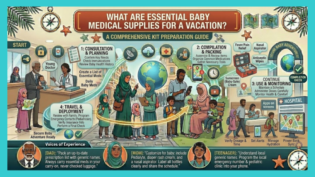 What are essential baby medical supplies for a vacation?