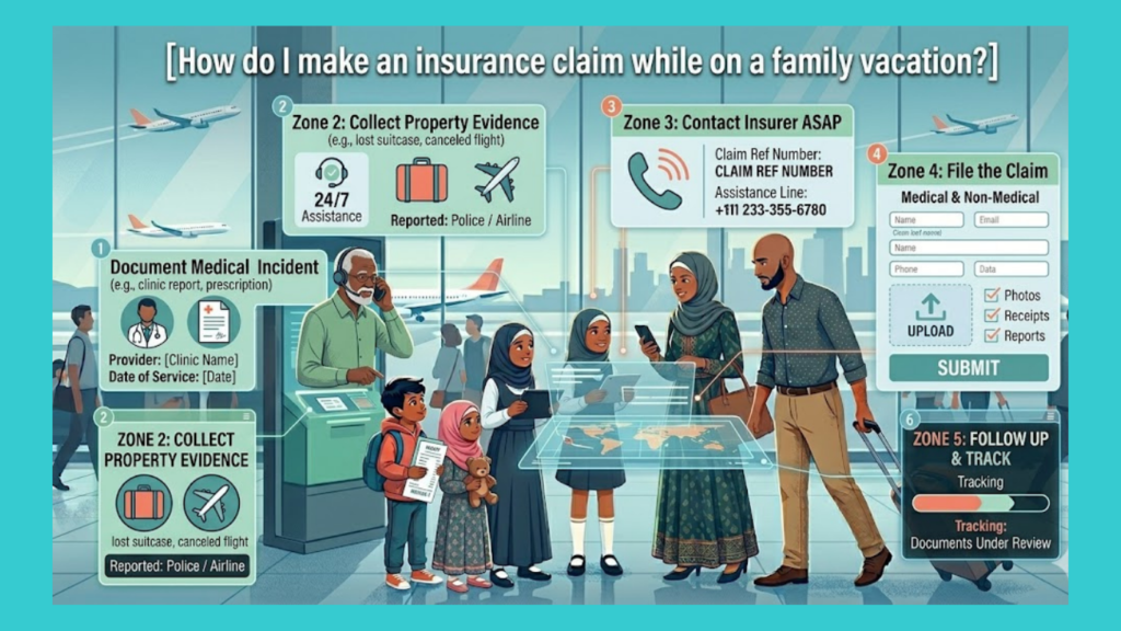How do I make an insurance claim while on a family vacation?