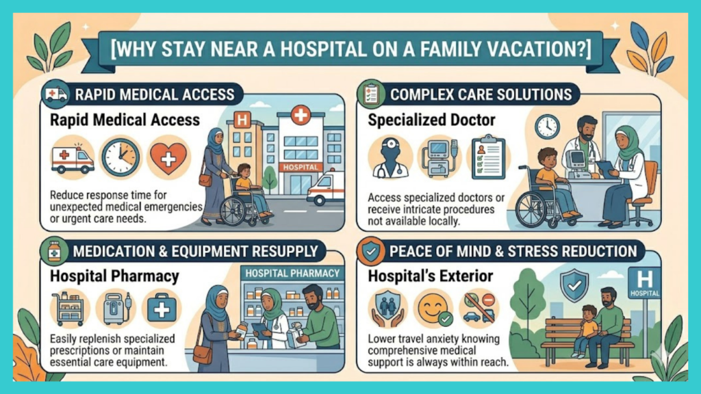 Why stay near a hospital on a family vacation?