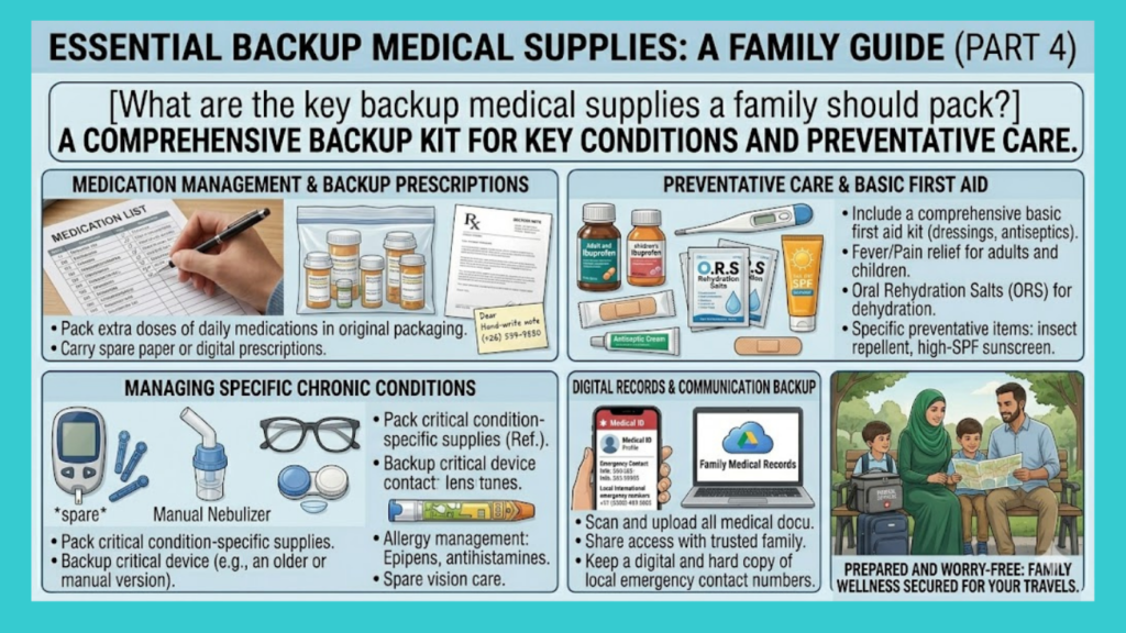 What are essential backup medical supplies for a family vacation?