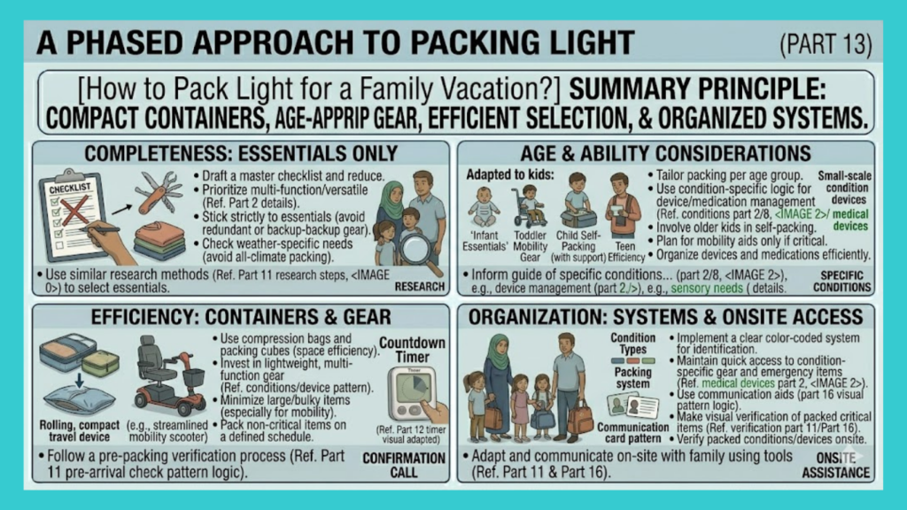 How to pack light for a family vacation :completeness, age, efficiency, organization