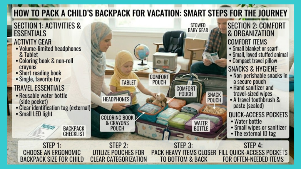 "How to pack a child's backpack for vacation?