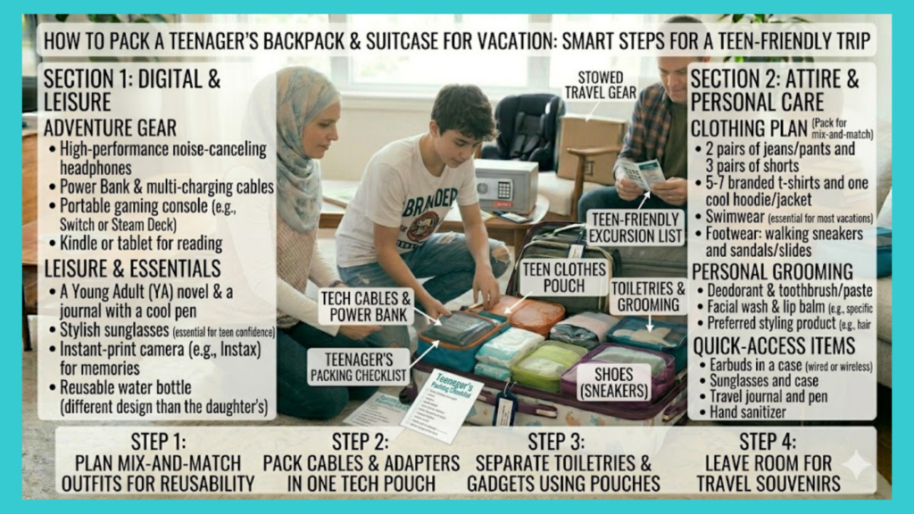 What teenagers need to pack for a family vacation?