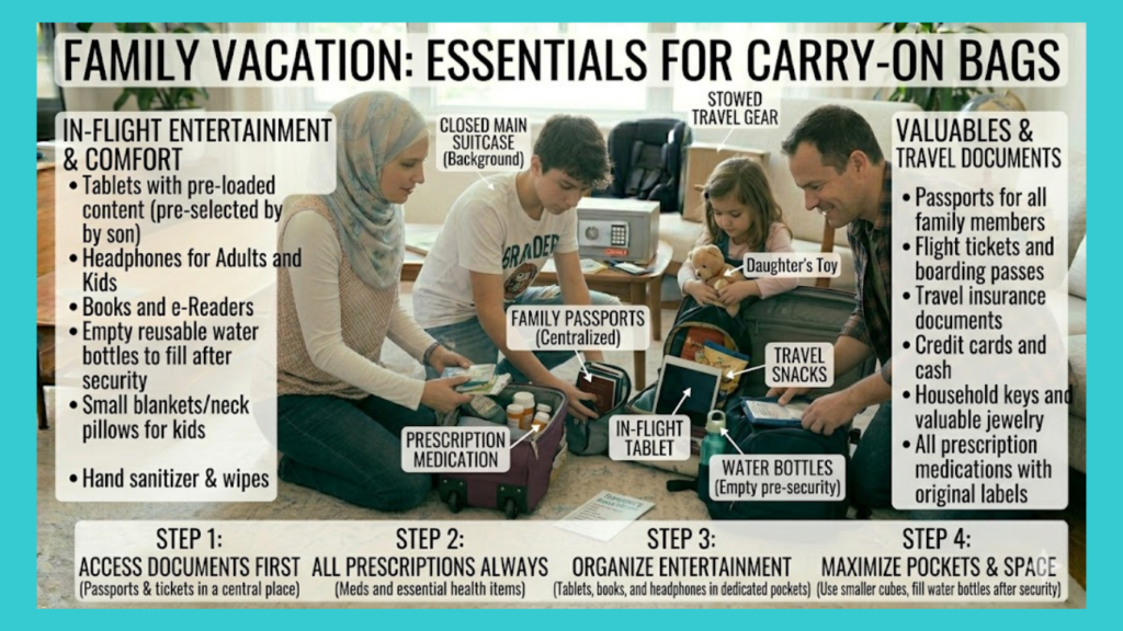 What belongs in family vacation carry-on bags?