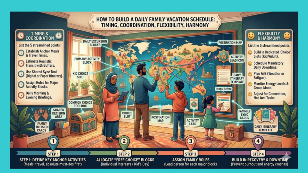 "An infographic explaining how to build a daily family vacation schedule, showing a family planning an itinerary on a world map."